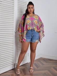 SHEIN VCAY 大碼圍巾圖案蝙蝠袖後綁帶襯衫 - 彩色 - 查看 3