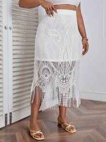SHEIN VCAY Falda con encaje bajo con fleco - Blanco - Ver 4