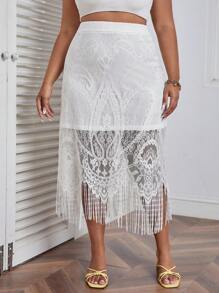 SHEIN VCAY Falda con encaje bajo con fleco - Blanco - Ver 1