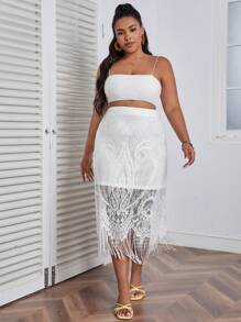 SHEIN VCAY Falda con encaje bajo con fleco - Blanco - Ver 5