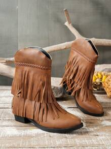 女士流蘇裝飾一腳蹬西部風格粗跟時尚靴子 - 棕色 - 查看 2