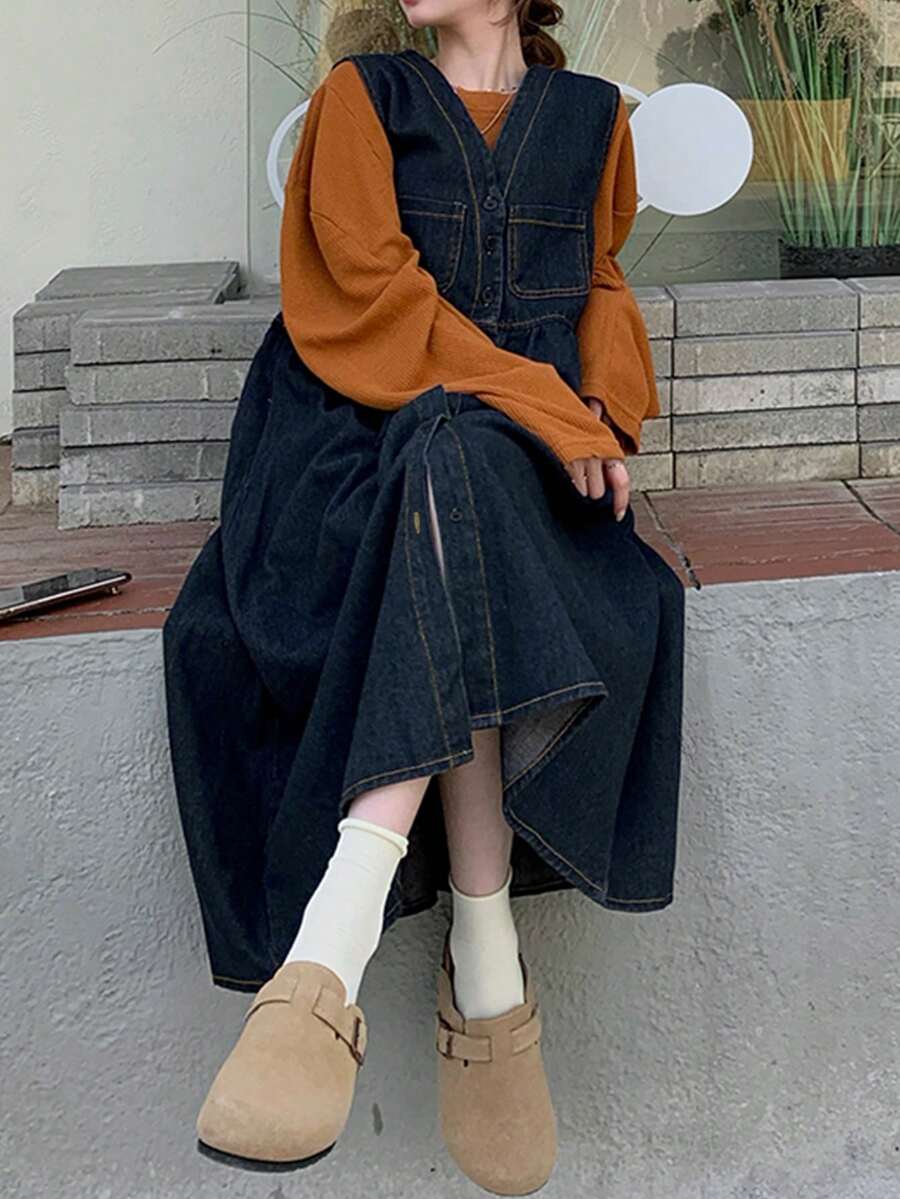 Solid Button Front Denim Dress - Blue - View 1