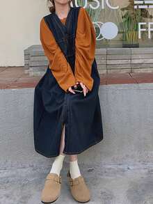 Solid Button Front Denim Dress - Blue - View 3