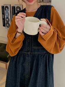 Solid Button Front Denim Dress - Blue - View 4