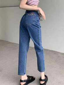 Jeans de pierna recta unicolor - Azul lavado medio - Ver 3