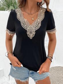 SHEIN LUNE 拼接水溶蕾絲T恤 - 黑色 - 查看 3