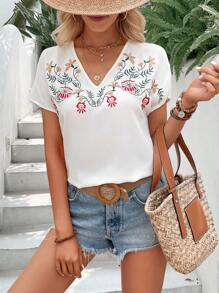 SHEIN LUNE Floral Embroidery Batwing Sleeve Blouse - White - View 7