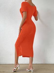 Chiquease Cut Out Twist Front Split Thigh Dress - Orange - View 2