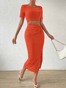 Chiquease Cut Out Twist Front Split Thigh Dress - Orange - View 5