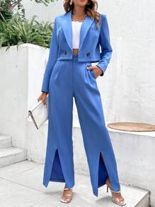 SHEIN Privé Solid Double Button Blazer & Split Hem Pants - Blue - View 1
