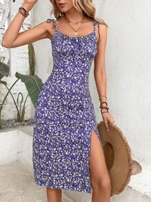 SHEIN VCAY Đầm Thắt nút Tách cao Nếp gấp Phần Ngực Họa tiết hoa Boho - Màu tím - Xem 6