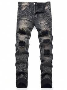 Men Ripped Frayed Bleach Wash Jeans - Dark Grey - View 1