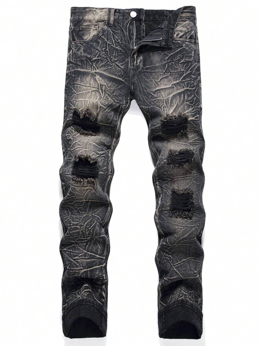Men Ripped Frayed Bleach Wash Jeans - Dark Grey - View 1