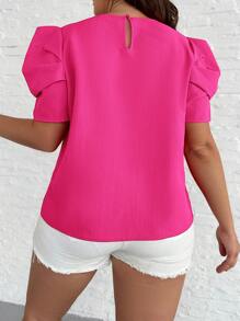 SHEIN Clasi Plus Puff Sleeve Solid Blouse - Hot Pink - View 2