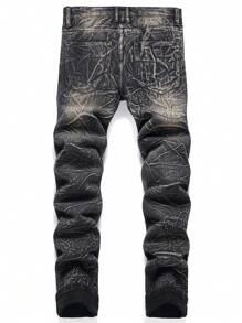 Men Ripped Frayed Bleach Wash Jeans - Dark Grey - View 2