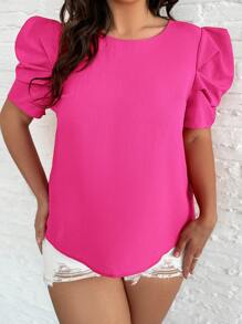 SHEIN Clasi Plus Puff Sleeve Solid Blouse - Hot Pink - View 3