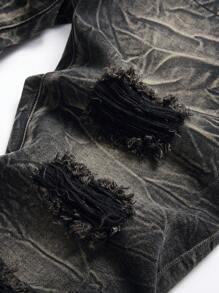 Men Ripped Frayed Bleach Wash Jeans - Dark Grey - View 4