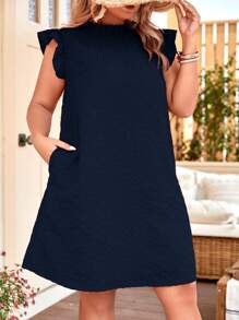 SHEIN Clasi Plus 1pc Mock Neck Ruffle Trim Dress - Navy Blue - View 7