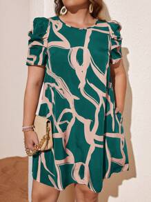 SHEIN Clasi 大碼圖案印花泡泡袖連衣裙 - 墨綠色 - 查看 1