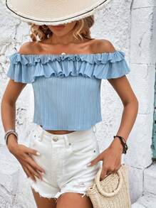 SHEIN LUNE Áo sơ mi nữ Xù màu trơn Boho - Màu xanh lam - Xem 3