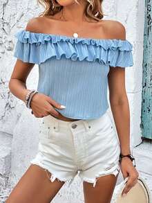 SHEIN LUNE Áo sơ mi nữ Xù màu trơn Boho - Màu xanh lam - Xem 4