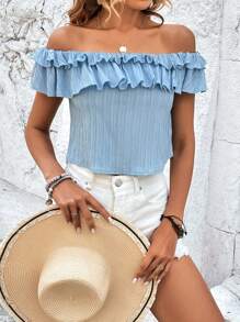 SHEIN LUNE Áo sơ mi nữ Xù màu trơn Boho - Màu xanh lam - Xem 5