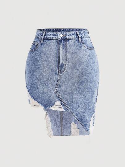 SHEIN ICON Plus Ripped Raw Cut Asymmetrical Hem Denim Skirt