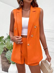SHEIN VCAY Double Breasted Vest Blazer & Shorts - Orange - View 5