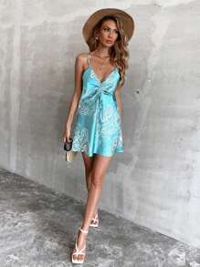 Aveloria Paisley Print Drawstring Front Cami Dress - Mint Blue - View 3