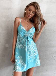 Aveloria Paisley Print Drawstring Front Cami Dress - Mint Blue - View 4