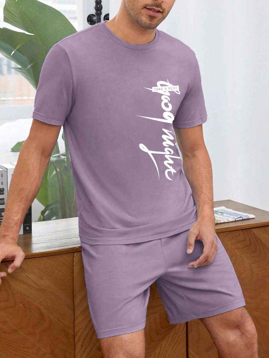 Men Letter Graphic PJ Set / Pajama Set - Purple - View 1