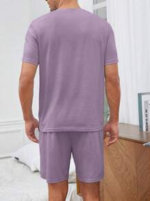 Men Letter Graphic PJ Set / Pajama Set - Purple - View 2