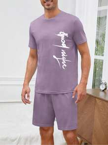 Men Letter Graphic PJ Set / Pajama Set - Purple - View 3