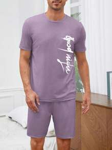 Men Letter Graphic PJ Set / Pajama Set - Purple - View 4