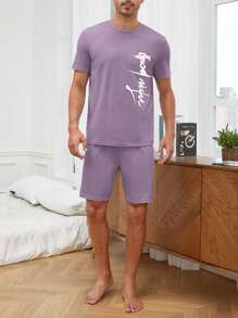Men Letter Graphic PJ Set / Pajama Set - Purple - View 5