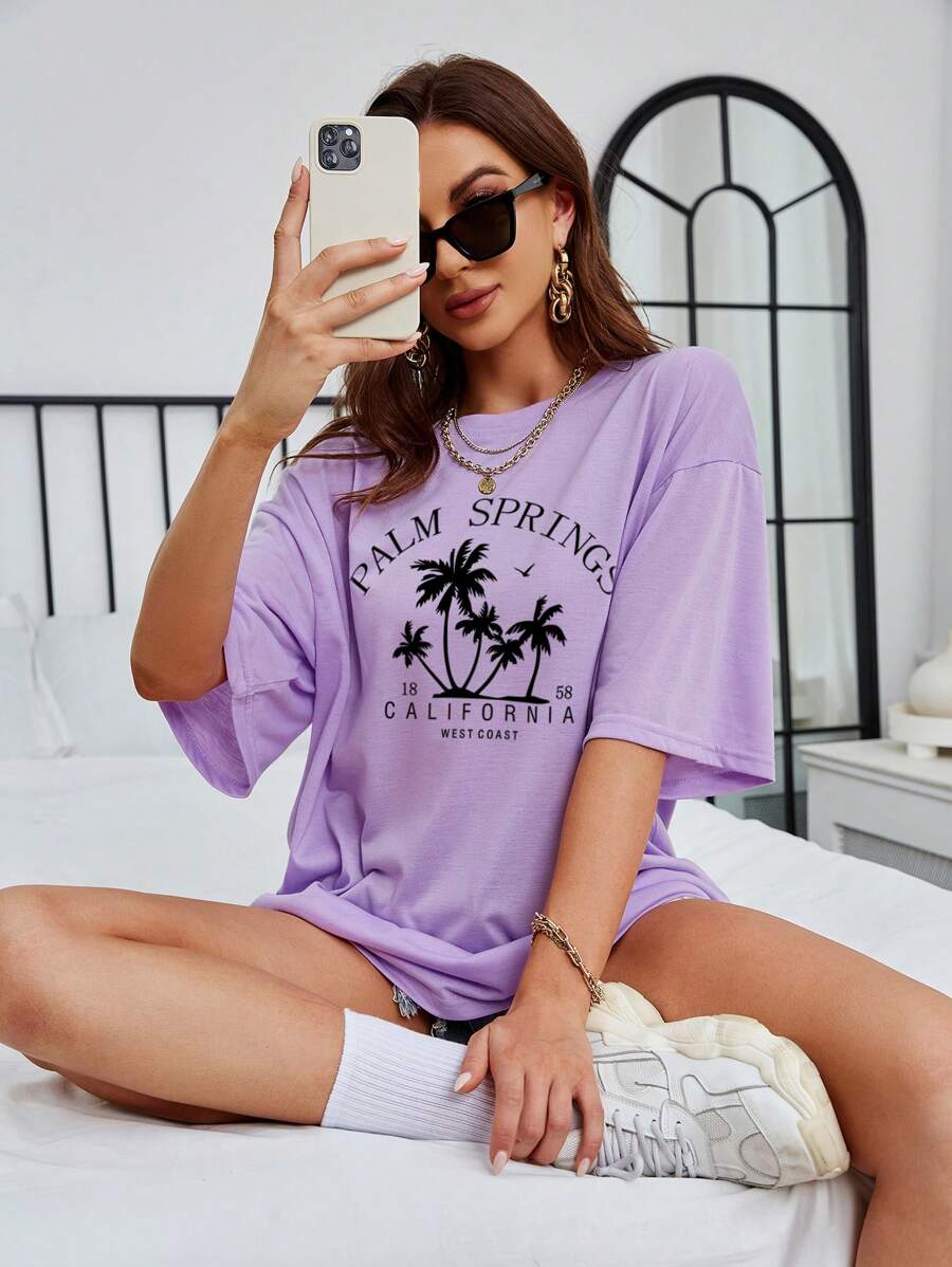 SHEIN EZwear Tropical And Letter Graphic Drop Shoulder Oversized Tee - Lilac Purple - View 1