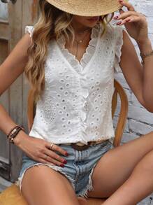 SHEIN VCAY Eyelet Embroidery Ruffle Trim Blouse - White - View 3