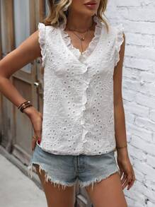 SHEIN VCAY Eyelet Embroidery Ruffle Trim Blouse - White - View 4