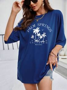 SHEIN EZwear 熱帶和字母圖案落肩T恤 - 藍色 - 查看 3