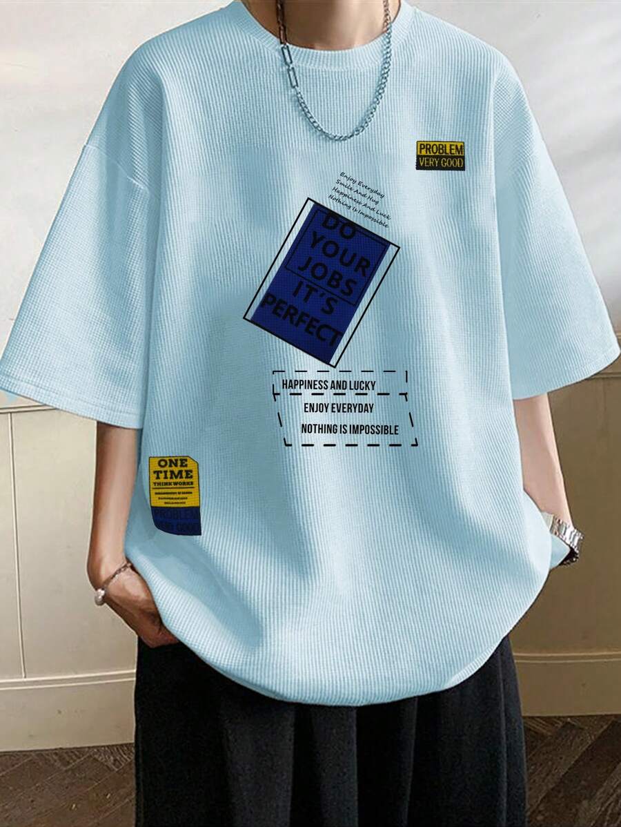 Manfinity Hypemode Men Slogan Graphic Drop Shoulder Tee - Baby Blue - View 1