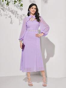 Modelyn 圓點繫帶領燈籠袖荷葉邊雪紡連衣裙不附腰帶 - 紫丁香色 - 查看 3