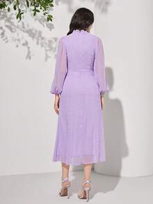 Modelyn 圓點繫帶領燈籠袖荷葉邊雪紡連衣裙不附腰帶 - 紫丁香色 - 查看 2