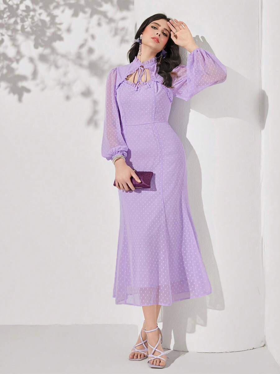 Modelyn 圓點繫帶領燈籠袖荷葉邊雪紡連衣裙不附腰帶 - 紫丁香色 - 查看 1