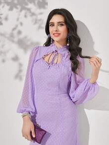 Modelyn 圓點繫帶領燈籠袖荷葉邊雪紡連衣裙不附腰帶 - 紫丁香色 - 查看 6