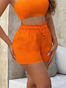 SHEIN SXY Quần đùi nữ Dây kéo Quần paper-bag màu trơn Giải trí - trái cam - Xem 2