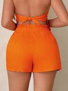 SHEIN SXY Quần đùi nữ Dây kéo Quần paper-bag màu trơn Giải trí - trái cam - Xem 3