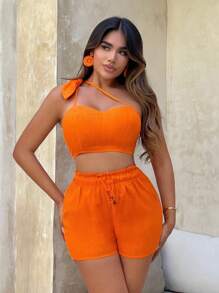 SHEIN SXY Quần đùi nữ Dây kéo Quần paper-bag màu trơn Giải trí - trái cam - Xem 4