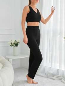 EURMUSE Solid Crop Tank Top & Trousers - Black - View 4