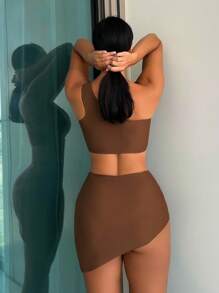 Swim Vcay Bãi biển mùa hè Áo ngực một vai & Bộ bikini đáy bơi có váy che đi biển Bộ đồ tắm - Cà phê nâu - Xem 2