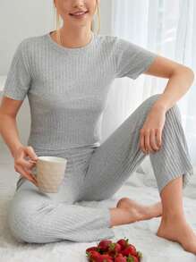 Cottnline Solid Ribbed Knit Tee & Trousers